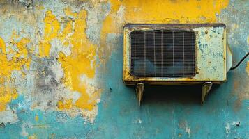 A rusty air conditioner on a yellow wall photo