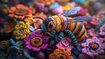 A colorful crochet bee on a flowery background photo
