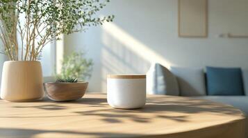 A white container sitting on a table next to a plant photo