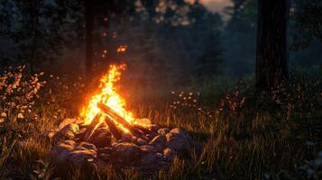 A warm campfire surrounded by stones in a serene forest setting at dusk. photo
