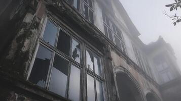 An old building with windows and trees in the fog photo