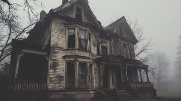 An old abandoned house in the fog photo