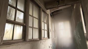 A hallway with a window and a foggy light photo
