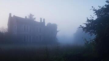 An old house in the fog with trees and grass photo