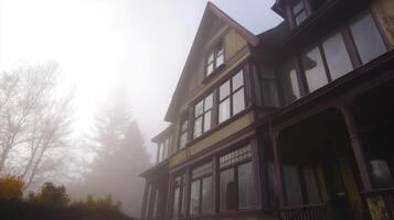 A house in the fog with a porch and windows photo