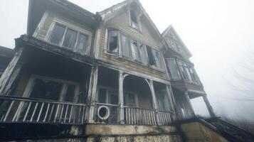 An old abandoned house in the fog photo