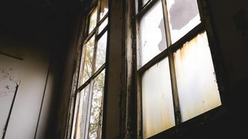 An old window with a broken window and a tree photo