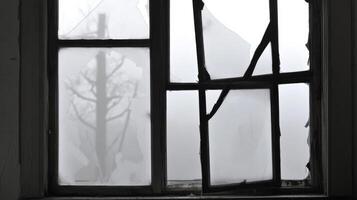 A broken window with a tree in the background photo