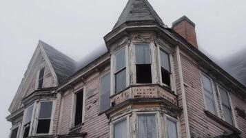 An old victorian house with a foggy sky photo
