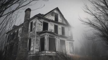 An old abandoned house in the fog photo