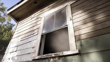 A window is open on a house with peeling paint photo