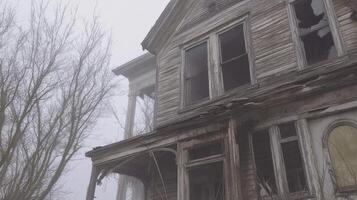 An old abandoned house in the fog photo