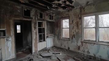 A room with a broken window and a broken door photo