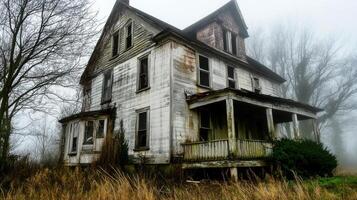 An old abandoned house in the foggy woods photo