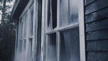 A window with a foggy window and a dark house photo