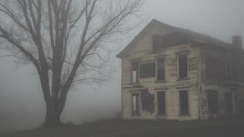An old abandoned house in the fog photo