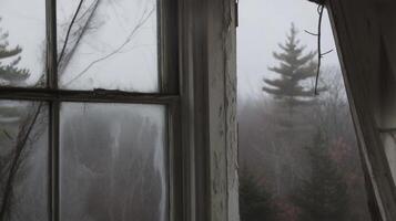 A window with a view of trees and fog photo