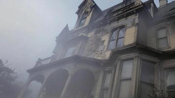 A foggy house with a large front porch photo