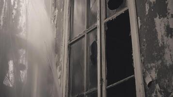 A black and white photo of a window with a curtain