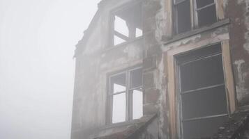 An old abandoned building is in the fog photo