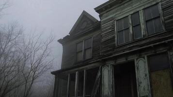 An old abandoned house in the foggy woods photo