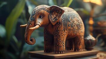 A beautifully carved wooden elephant figurine with intricate patterns and details. photo
