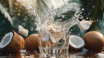 A splash of coconut water in a glass, surrounded by coconut halves and tropical foliage. photo