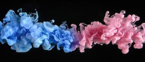 A vibrant swirl of blue and pink smoke against a black background, creating a dynamic visual effect. photo