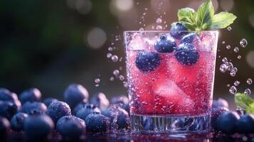 Blueberry juice with ice and fresh blueberries photo