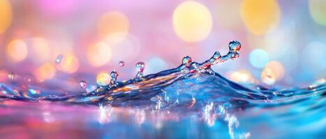 A vibrant splash of water with colorful bokeh in the background, capturing movement and beauty. photo
