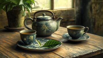 A teapot and two cups on a wooden table photo