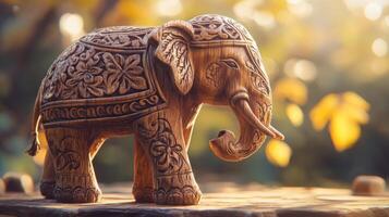 A beautifully carved wooden elephant figurine with intricate designs, set against a soft background. photo