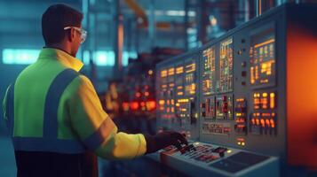 Worker operating machinery in a control room with illuminated panels and screens. photo