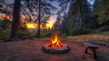 A campfire is lit in the middle of a forest photo
