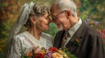 An older couple is smiling and holding each other photo