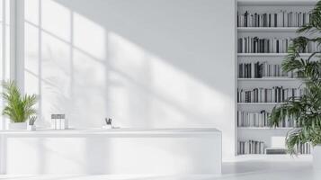 White room with bookshelves and plants photo
