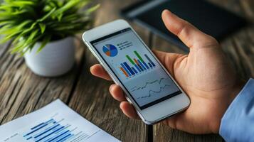 Businessman using smartphone to check business data photo
