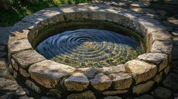 A circular stone water well with a circular hole in the middle photo
