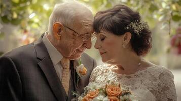 An older man and woman are looking at each other photo