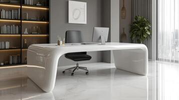 Modern office desk with white finish and black chair photo