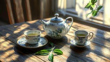 A serene tea setting with a teapot and cups on a wooden table, surrounded by natural light. photo