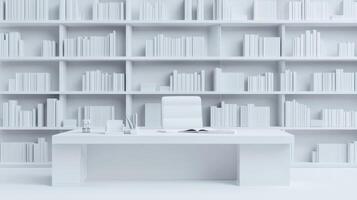 White desk and bookshelf in office with white walls photo