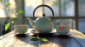 A teapot and two cups on a wooden table photo