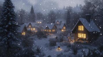A snowy night scene with lights on in the village photo