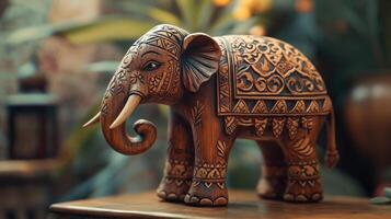 A beautifully carved wooden elephant sculpture with intricate designs, showcasing craftsmanship. photo