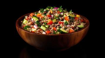 A vibrant bowl of quinoa salad featuring fresh vegetables and herbs. photo
