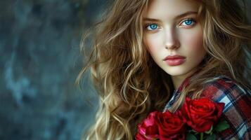 Beautiful girl with red roses photo
