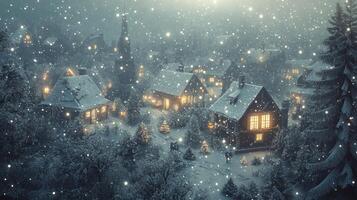 A snowy village with lights on in the night photo
