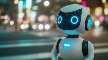 A friendly robot with glowing features stands in a vibrant urban setting at night. photo