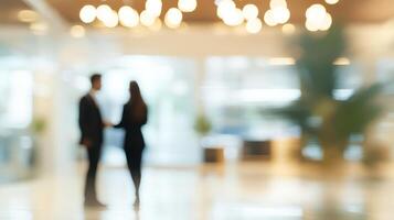 Two people standing in a lobby with lights on photo